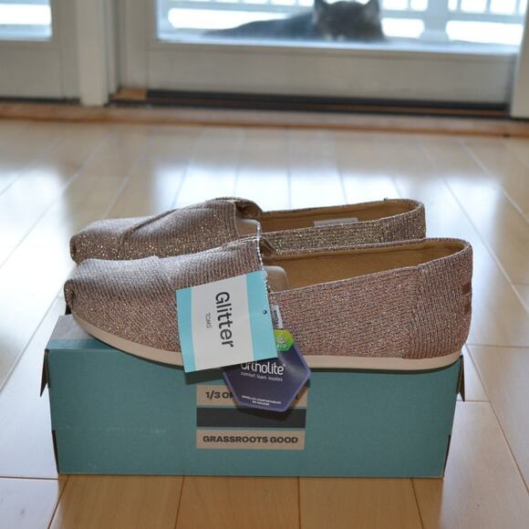 NWT TOMS Gold Sparkle Knit Alpargata Espadrille Slip On Flats Size 10 - Picture 2 of 5